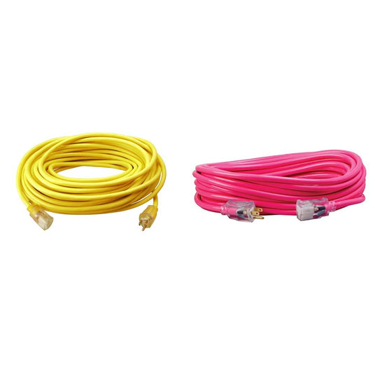 Southwire 2588SW0002 Outdoor Cord-12/3 SJTW Heavy Duty 3 Prong Extension Cord-for Commercial Use (50', Yellow), 50 Feet & 2578SW000A 50ft 12/3 SJTW Outdoor Ext Cord (Cool Pink), 50-Foot Extension Cord + 50-Ft Extension Cord, Pink