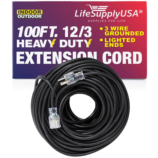 100 ft Power Extension Cord Outdoor & Indoor Heavy Duty 12 Gauge/3 Prong SJTW (Black) Lighted end Extra Durability 15 AMP 125 Volts 1875 Watts by LifeSupplyUSA 100 Feet Black