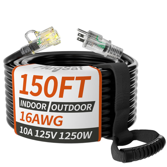 Black 16/3 Gauge Outdoor Extension Cord 150 ft Waterproof with Lighted Indicator,Flexible 3 Prong Long Extension Cord Outside, Cold Weatherproof -40°C, 10A 1250W 16AWG SJTW, ETL Listed PlugSaf Black 150FT