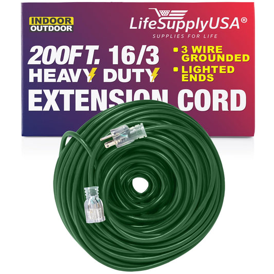 200 ft Power Extension Cord Outdoor & Indoor Heavy Duty 16 Gauge/3 Prong SJTW (Green) Lighted end Extra Durability 6 AMP 125 Volts 750 Watts by LifeSupplyUSA 200 Feet Green