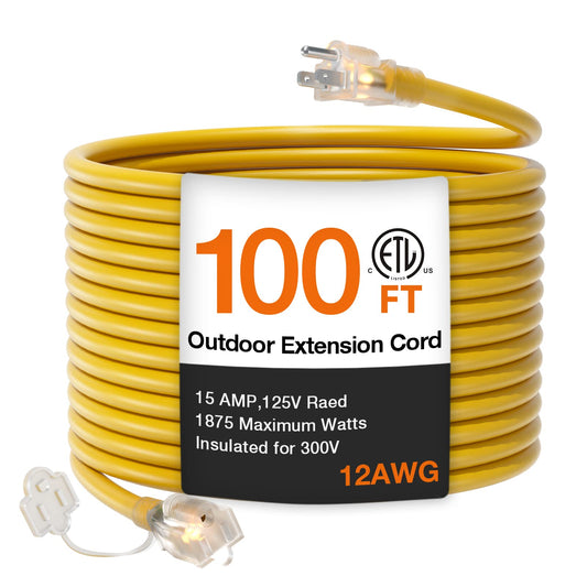 100Ft 12/3 Outdoor Extension Cord 12 Gauge SJTW Heavy Duty Waterproof Yellow 3 Prong, Flexible Long Power Cable for Garden Home or Office Use Indicator Light ETL Listed 100FT