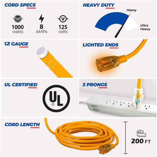 200 ft Power Extension Cord Outdoor & Indoor Heavy Duty 12 Gauge/3 Prong SJTW (Yellow) Lighted end Extra Durability 15 AMP 125 Volts 1000 Watts by LifeSupplyUSA 200 Feet Yellow