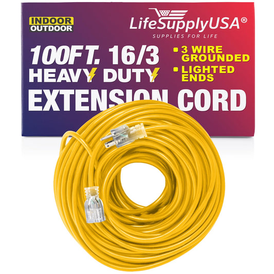 LifeSupplyUSA Câble d'extension d'alimentation de 30,5 m pour extérieur et intérieur très résistant, calibre 16/3 broches SJTW (jaune), extrémité éclairée, durabilité accrue, 10 A, 125 volts, 1250 watts, 100 pieds, jaune 