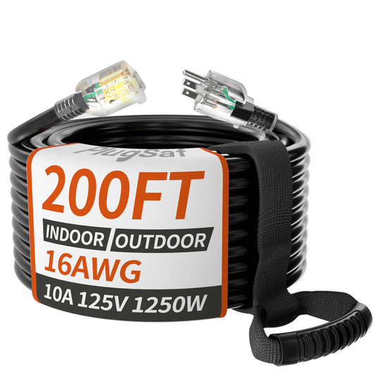 16/3 Gauge 200 ft Extension Cord Outdoor Black Waterproof, Cold Weatherproof -58°F, Flame Retardant, Flexible 3 Prong Heavy Duty Electric Cord for Lawn Office,10A 1250W 16AWG SJTW, ETL Listed PlugSaf 200FT