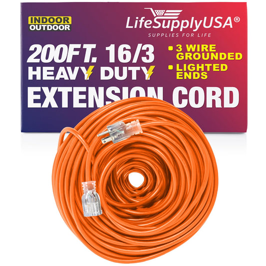 200 ft Power Extension Cord Outdoor & Indoor Heavy Duty 16 Gauge/3 Prong SJTW (Orange) Lighted end Extra Durability 6 AMP 125 Volts 750 Watts by LifeSupplyUSA 200 Feet Orange