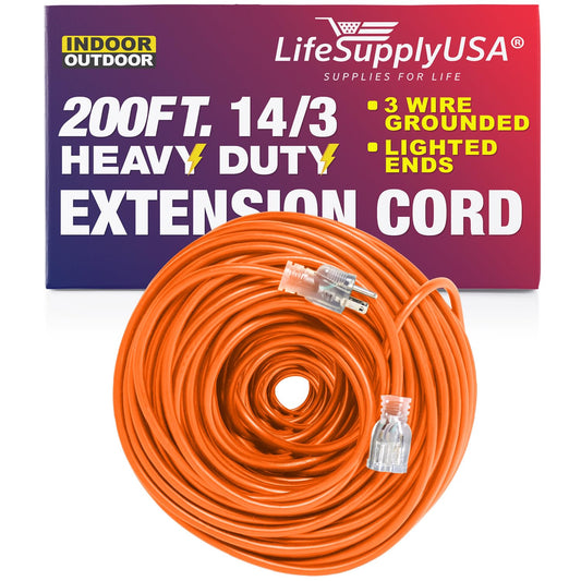 200 ft Power Extension Cord Outdoor & Indoor Heavy Duty 14 Gauge/3 Prong SJTW (Orange) Lighted end Extra Durability 7 AMP 125 Volts 875 Watts by LifeSupplyUSA 200 Feet Orange
