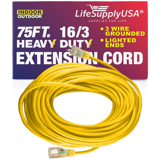 75 ft Power Extension Cord Outdoor & Indoor Heavy Duty 16 Gauge/3 Prong SJTW (Yellow) Lighted end Extra Durability 10 AMP 125 Volts 1250 Watts by LifeSupplyUSA 75 Feet Yellow