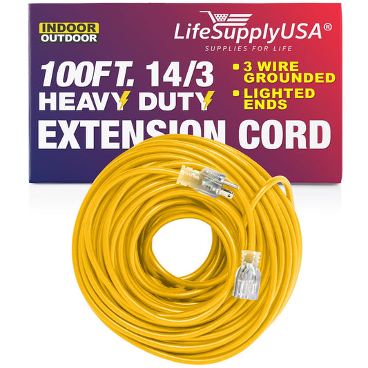 100 ft Power Extension Cord Outdoor & Indoor Heavy Duty 14 Gauge/3 Prong SJTW (Yellow) Lighted end Extra Durability 13 AMP 125 Volts 1625 Watts by LifeSupplyUSA 100 Feet Yellow