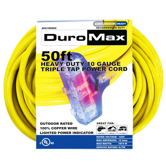 DuroMax XPC10050C Outdoor Extension Cord, XPC10050C 50' 10-Gauge Triple Tap