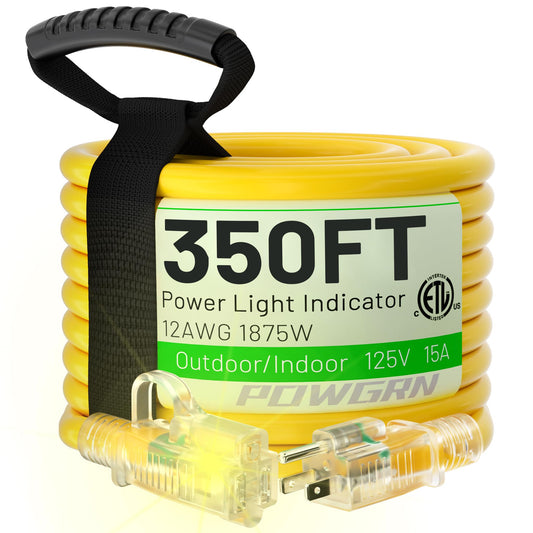 350 ft 12/3 Outdoor Extension Cord Waterproof Heavy Duty with Lighted End 12 Gauge 3 Prong, Flexible Cold-Resistant Long Power Cord Outside, 15Amp 1875W SJTW Yellow ETL Listed POWGRN 350FT