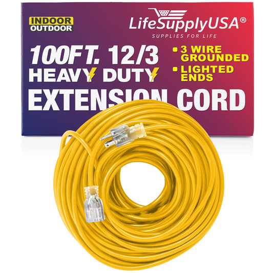 100 ft Power Extension Cord Outdoor & Indoor Heavy Duty 12 Gauge/3 Prong SJTW (Yellow) Lighted end Extra Durability 15 AMP 125 Volts 1875 Watts by LifeSupplyUSA 100 Feet Yellow