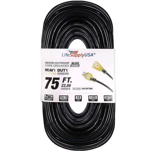 75 ft Power Extension Cord Outdoor & Indoor Heavy Duty 10 Gauge/3 Prong SJTW (Black) Lighted end Extra Durability 15 AMP 125 Volts 1875 Watts by LifeSupplyUSA 75 Feet Black