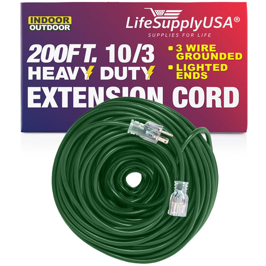 200 ft Power Extension Cord Outdoor & Indoor Heavy Duty 10 Gauge/3 Prong SJTW (Green) Lighted end Extra Durability 10 AMP 125 Volts 1250 Watts by LifeSupplyUSA 200 Feet Green