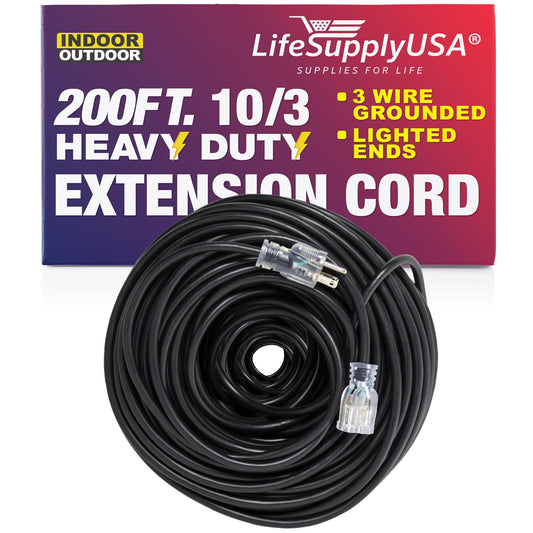 200 ft Power Extension Cord Outdoor & Indoor Heavy Duty 10 Gauge/3 Prong SJTW (Black) Lighted end Extra Durability 10 AMP 125 Volts 1250 Watts by LifeSupplyUSA 200 Feet Black