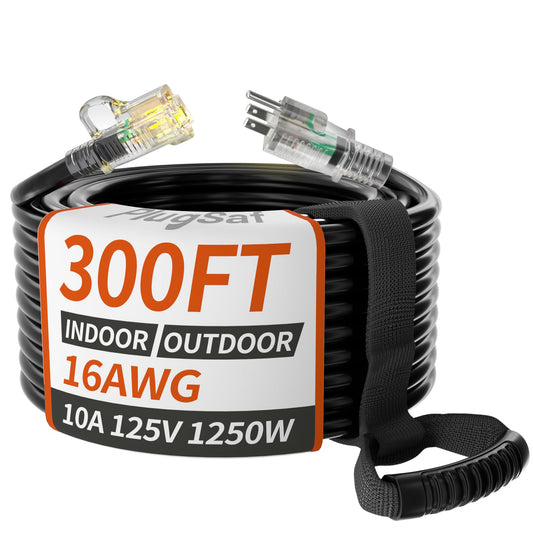 16/3 Gauge Black Outdoor Extension Cord 300 ft Waterproof with Lighted Indicator, Cold Weatherproof -40°C, Flexible 3 Prong Long Extension Cord Outside,10A 1250W 16AWG SJTW, ETL Listed PlugSaf 300FT