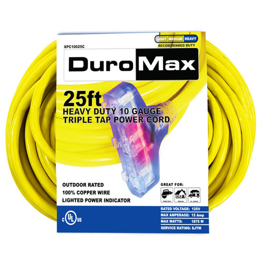 DuroMax XPC10025C Outdoor Extension Cord, XPC10025C, Yellow 25' 10-Gauge Triple Tap