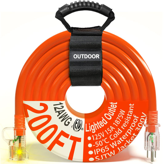 200 ft Outdoor Extension Cord Waterproof 12/3 Gauge Heavy Duty with Lighted end, Flexible Cold-Resistant 3 Prong Electric Cord Outside, 15Amp 1875W 12AWG SJTW, Orange, ETL HUANCHAIN 200FT