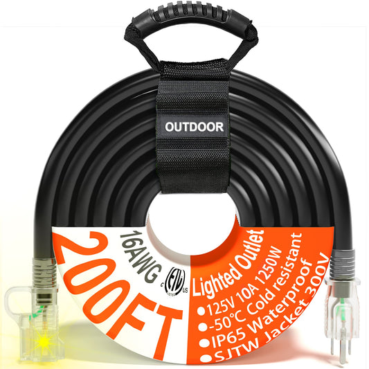 16/3 Gauge 200 ft Black Outdoor Extension Cord Waterproof with Lighted end, Flexible Cold-Resistant 3 Prong Long Extension Cord Outside, 10A 1250W 16AWG SJTW, ETL HUANCHAIN 200FT