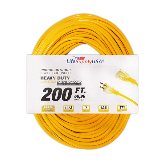 200 ft Power Extension Cord Outdoor & Indoor Heavy Duty 14 Gauge/3 Prong SJTW (Yellow) Lighted end Extra Durability 7 AMP 125 Volts 875 Watts by LifeSupplyUSA 200 Feet Yellow