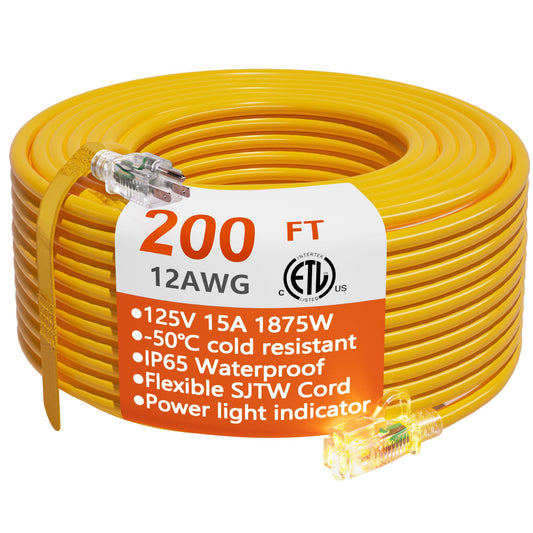 200 ft Outdoor Extension Cord Waterproof 12/3 Gauge Heavy Duty with Lighted end, Flexible Cold-Resistant 3 Prong Electric Cord Outside, 15Amp 1875W 12AWG SJTW, Yellow, ETL HUANCHAIN 200FT