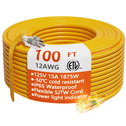 12/3 Gauge Heavy Duty Outdoor Extension Cord 100 ft Waterproof with Lighted end, Flexible Cold-Resistant 3 Prong Electric Cord Outside, 15Amp 1875W 12AWG SJTW, Yellow, ETL HUANCHAIN 100FT
