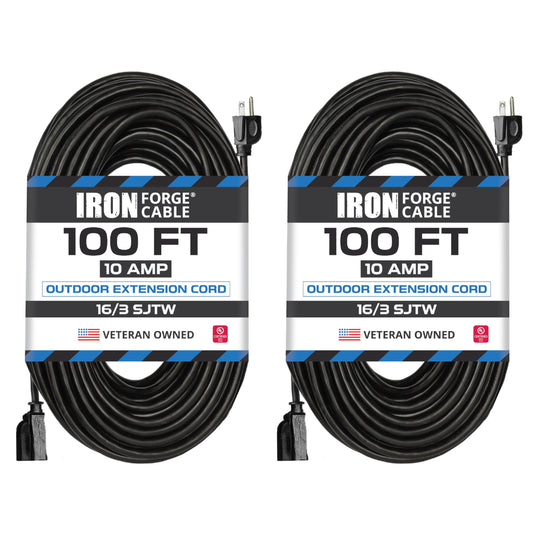 2 Pack of 100 Ft Black Extension Cord - 16/3 Durable Electrical Cable Pack 100FT-2pk