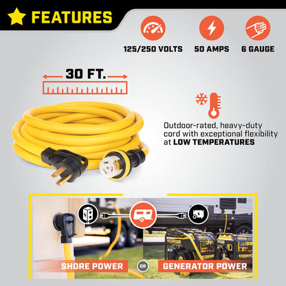 Champion Power Equipment 100828 30-Foot 50-Amp 125/250-Volt RV Generator Power Cord, (14-50P to SS2-50R)