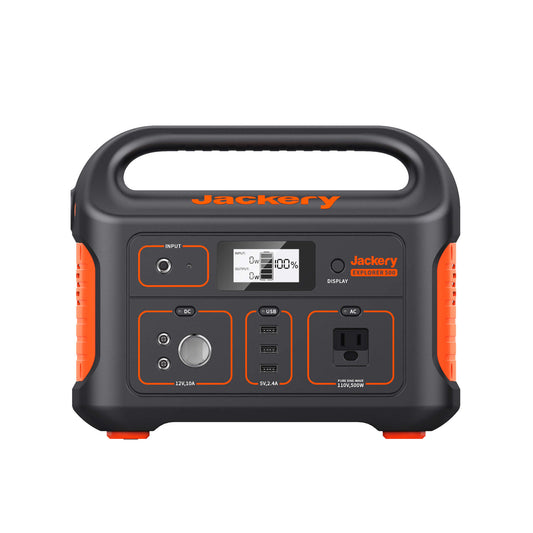 Jackery Explorer 500 power station features with 3 usb ports and a AC outlet.