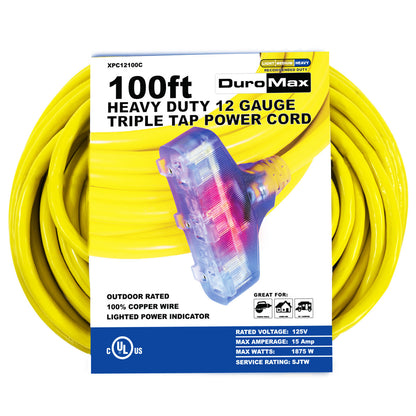 100-Foot 12 Gauge Triple Tap Extension Power Cord